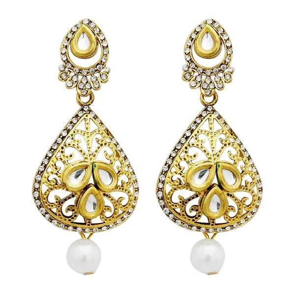 Silver Jewelry Earrings-Jheel Kundan Stone Gold Plated Dangler Earrings - 2900234B