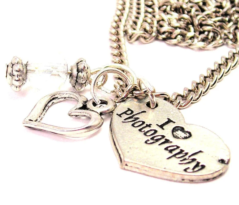 Classic Chain Necklace-I Love Photography Heart Necklace with Small Heart