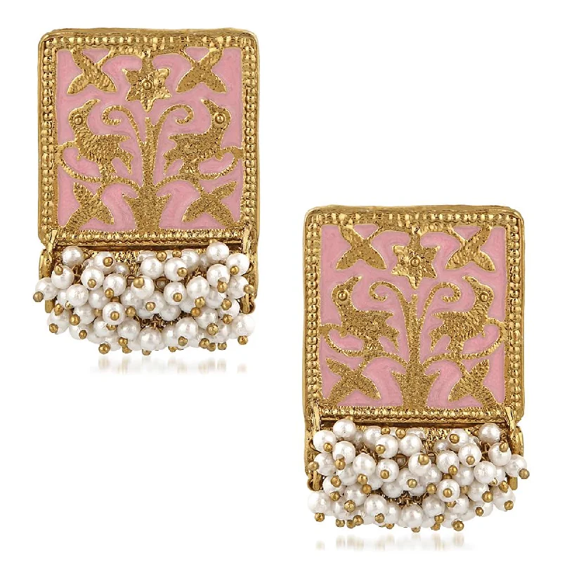 Rhinestone Stud Earrings-Mahi Ethnic Meenakari Work Rectangular Shape Dangler Earring with Artificial Pearl for Women VECJ100138Pin