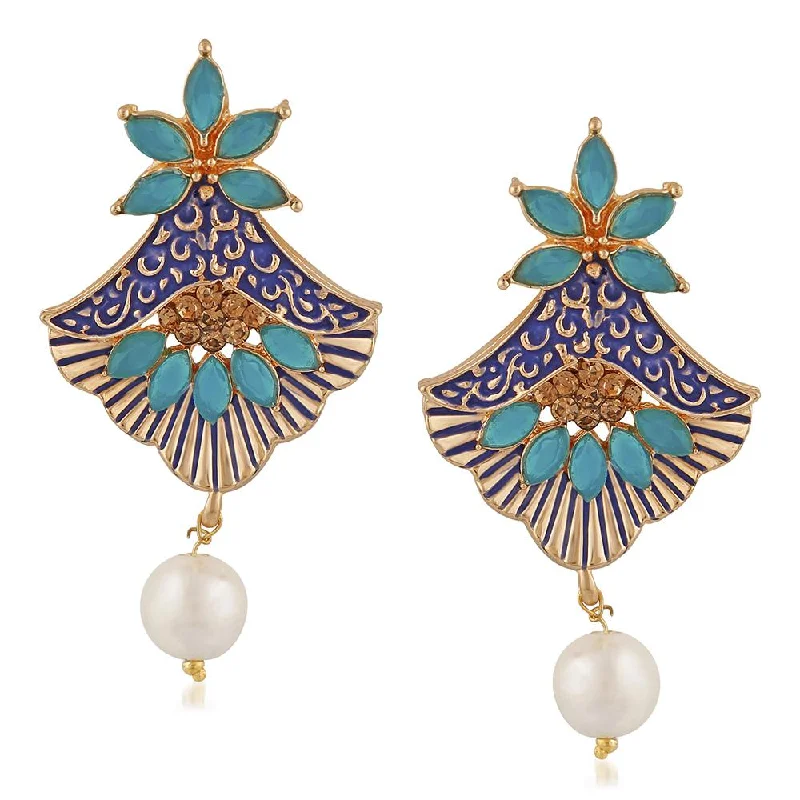 Layered Pearl Earrings-Mahi Meenakari Work Rosegold Plated Floral Dangler Earrings with Crystal and Artificial Pearl for Womens (ER1109672Z)