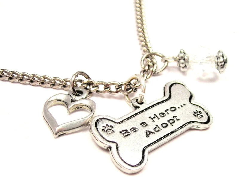 Bold Crystal Necklace-Be A Hero Adopt Dog Bone Necklace with Small Heart