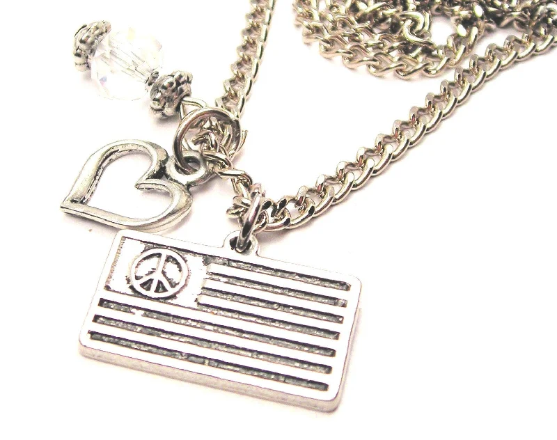 Delicate Chain Necklace-Peace Sign American Flag Heart And Crystal Necklace