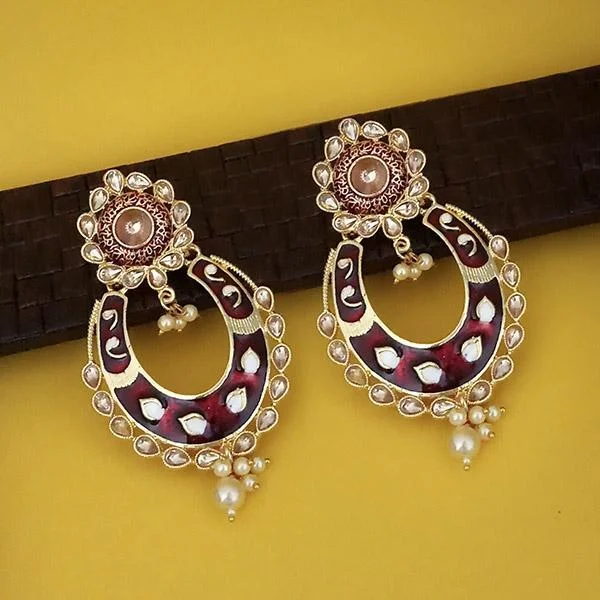 Geometric Shape Earrings-Kriaa Maroon Meenakari Gold Plated Kundan Dangler Earrings - 1316327I