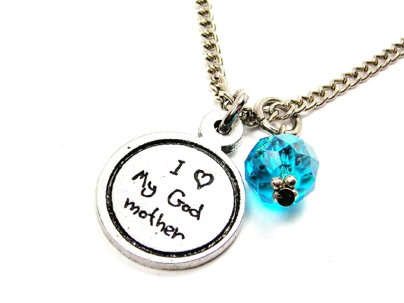 Handcrafted Silver Necklace-I Love My Godmother Child Handwriting Necklace With Crystal Accent