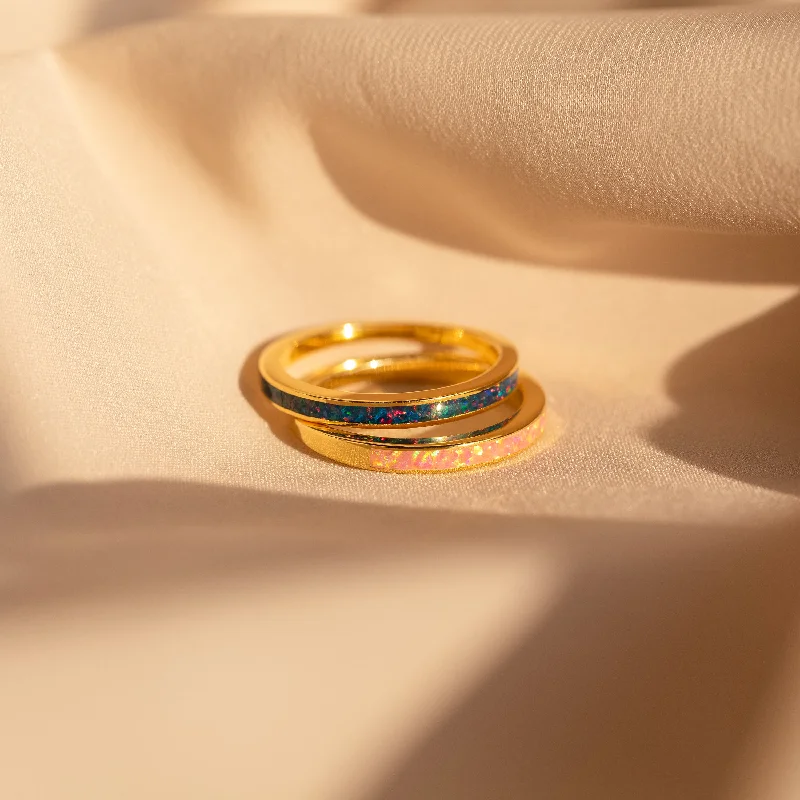 Gold Wedding Ring with Diamonds-Opal Inlay Rings Set