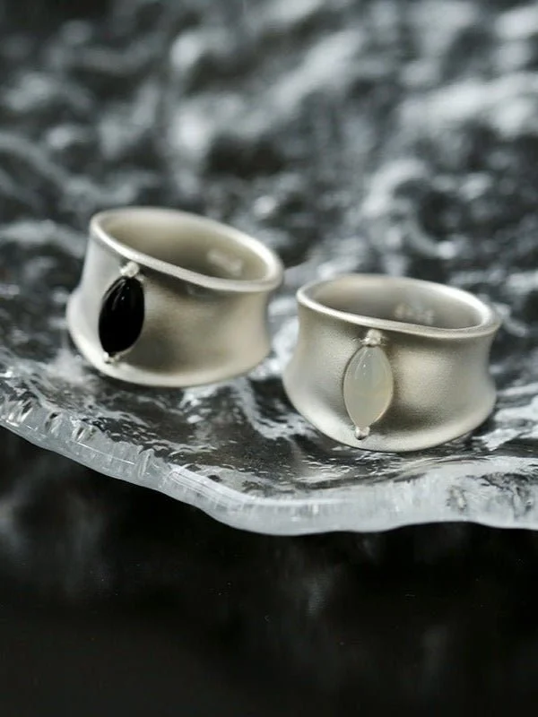 Unique Couples Rings-Pure Silver Black Hole Ring-Black Agate/White Chalcedony