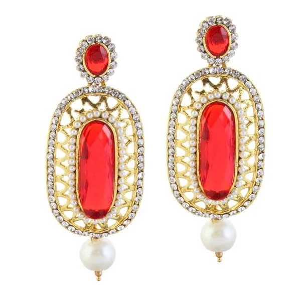 Gemstone Earrings for Wedding-Kriaa Red Austrian Stone Pearl Drop Dangler Earrings - 1306014