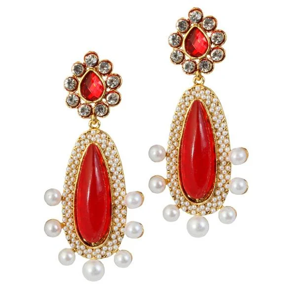 Luxury Pearl Earrings-Kriaa Maroon Stone Pearl Gold Plated Dangler Earrings - 1303792