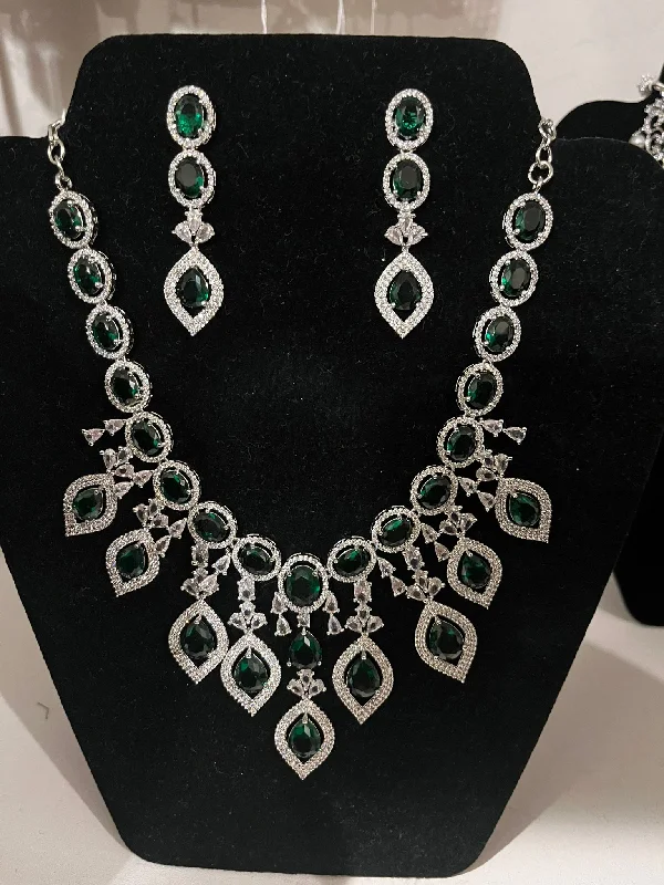 Long Necklace for Party-Dazzling Green Color Stone Worked American Diamond Unique Designed Necklace Set