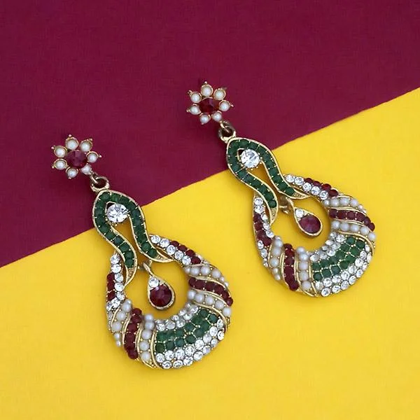 Handmade Silver Earrings-Kriaa Maroon Green Austrian Stone Gold Plated Dangler Earrings