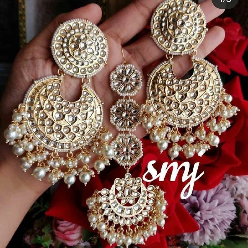 Luxury Gold Drop Earrings-Sai Fashion Gold Plated Kundan And Pearl Designer Dangler Earrings With Maang Tikka