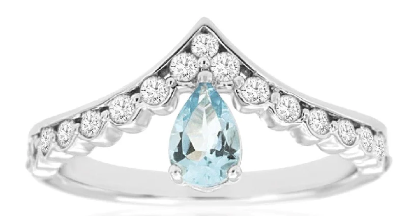 Elegant Diamond Ring-14k white gold pear shaped aquamarine and pointed mounting with diamonds