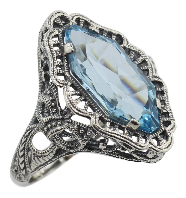 Green Emerald Ring-Vintage Inspired Modified Marquis Blue Topaz Ring