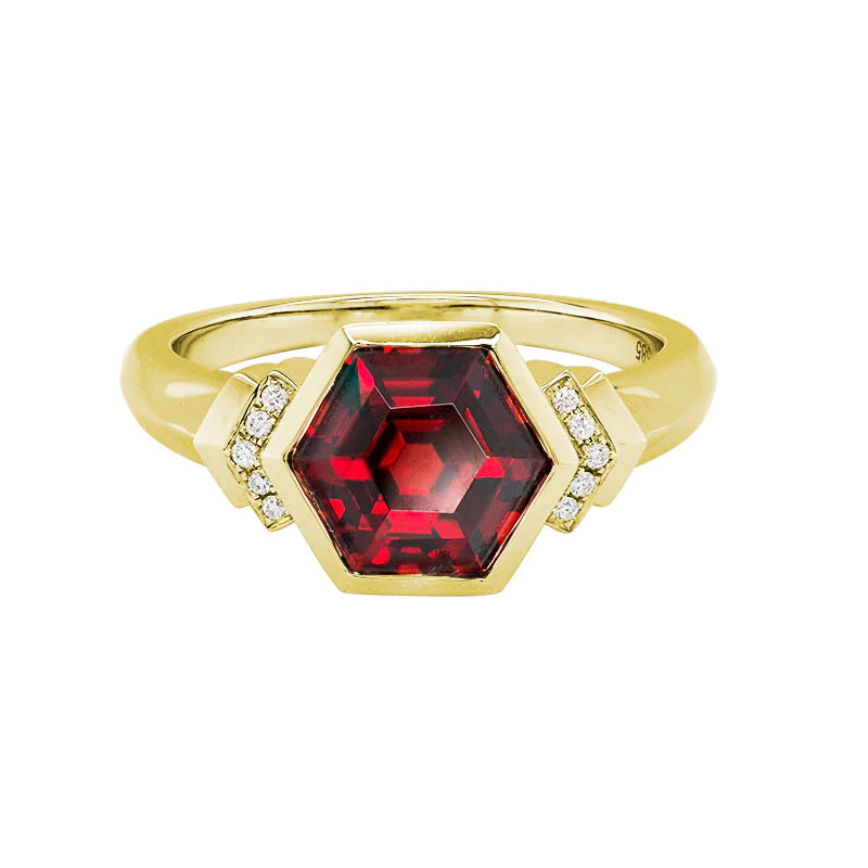 Silver Ring for Men-Hexagon Garnet Ring with Diamond Accents