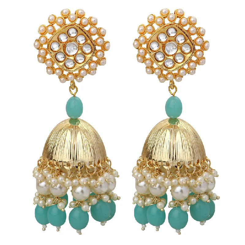 Acrylic Hoop Earrings-Mahi Gold Plated Aqua Blue and White Artificial Pearls Indian Traditiol Ethnic Jhumka Earring for Women (ER1109818GABlu)