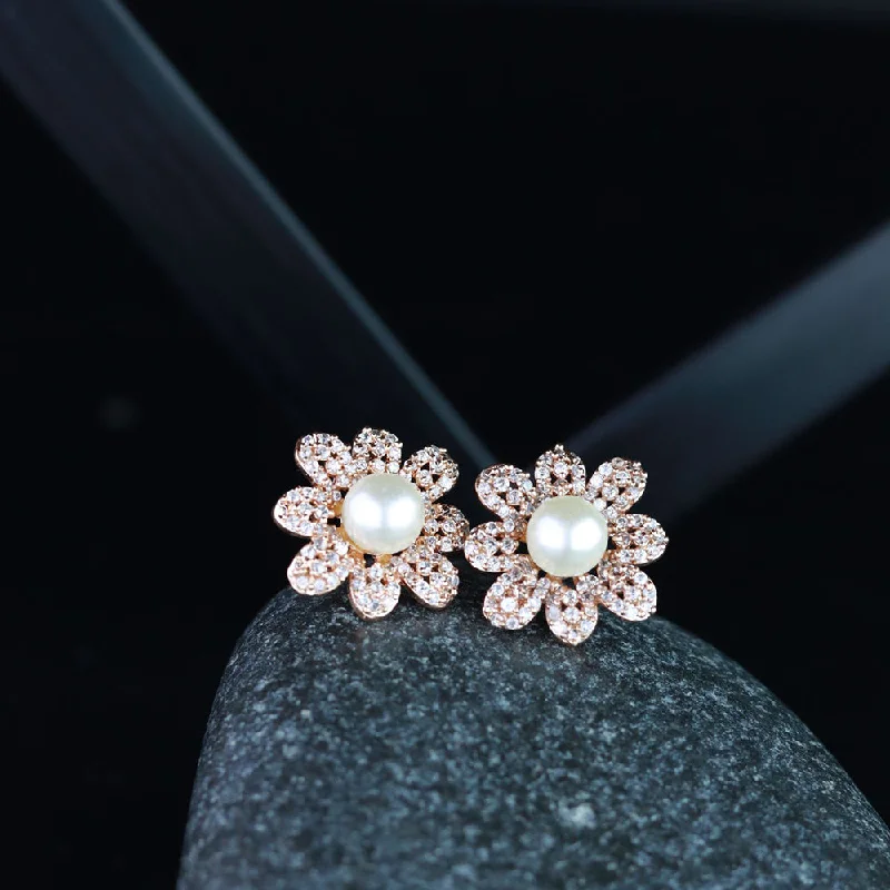 Artistic Earrings-Etnico Valentine's Special Rose Gold-Plated & White Floral Studs Earrings for Women (E2974)