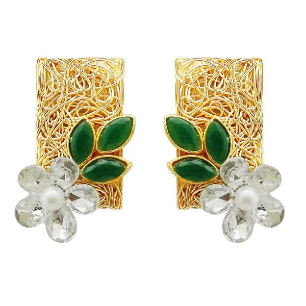 Floral Earrings-Kriaa Gold Plated Green Resin Stone Floral Dangler Earrings - 1311405H