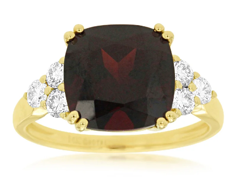 Trendy Stackable Rings-14k yellow gold cushion cut garnet diamond accent ring