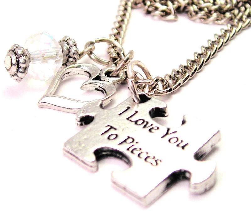 Thin Silver Necklace-I Love You To Pieces Autism Puzzle Piece Necklace with Small Heart