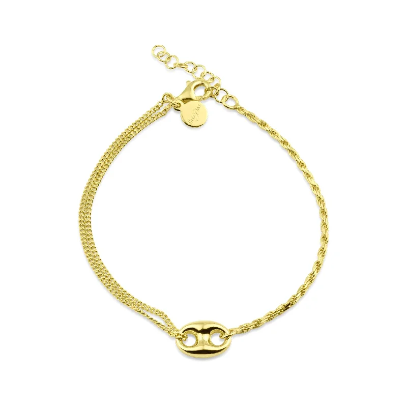 Custom Bracelet with Initials-Gold Plated 925 Sterling Silver Puffed Mariner Charm Double Strand Curb and Rope Adjustable Bracelet - ITB00330-GP