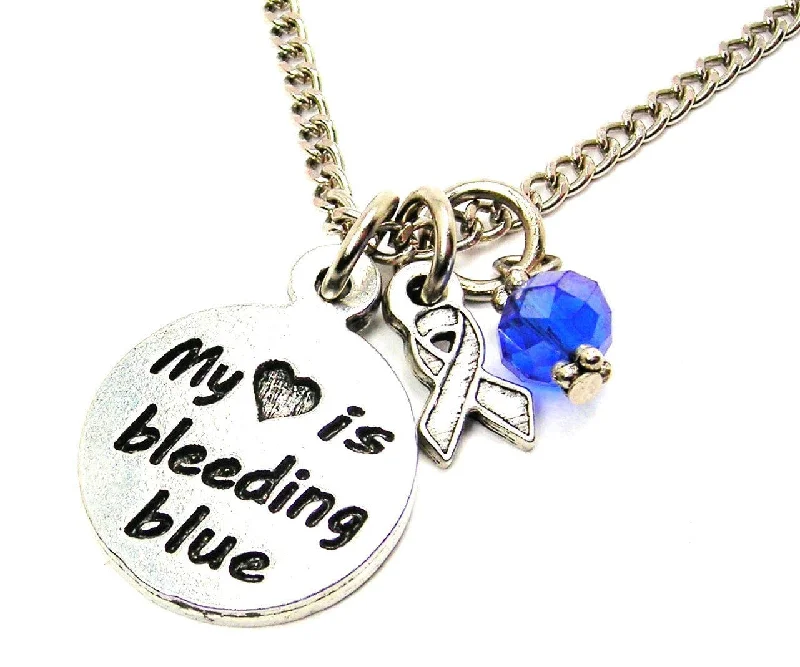 Crystal Bead Necklace-My Heart is Bleeding Blue with Awareness Ribbon Necklace