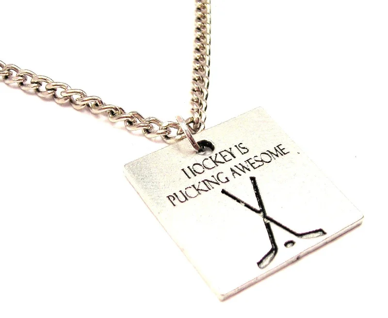 Sterling Silver Pendant Necklace-Hockey Is Pucking Awesome Single Charm Necklace