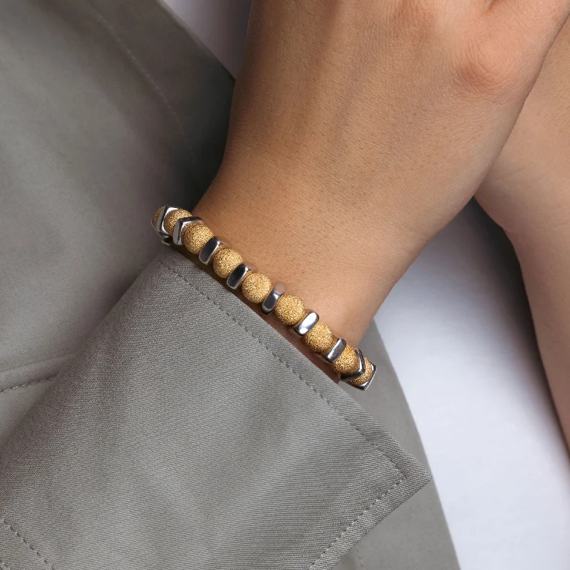 Boho Style Leather Bracelet-Gold Plated 925 Sterling Silver Shiny Bead Bar Stretchable Italian Bracelet - ITB00089GP