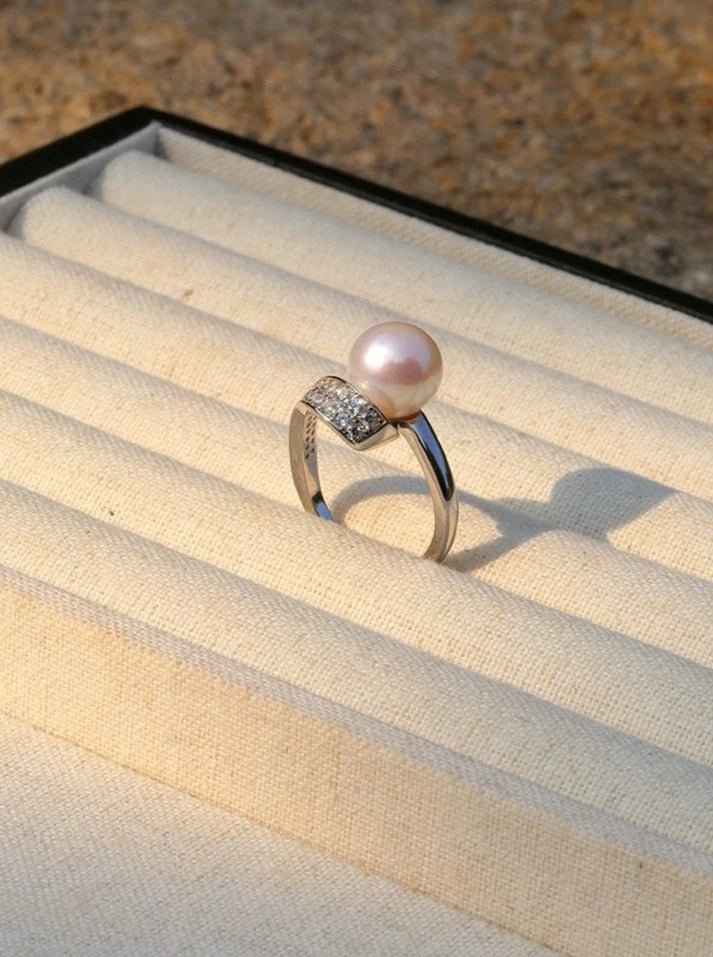 Engagement Ring with Pink Diamond-925 Silver Micro-Pave Zircon Natural Pearl Open Ring