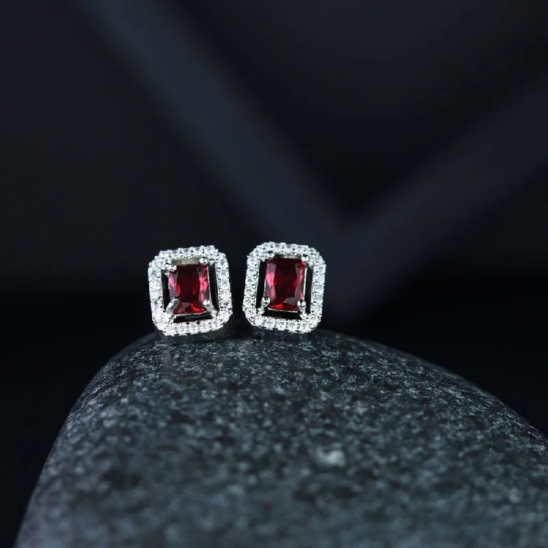 Bridal Earrings-Etnico Valentine's Special Silver Plated Red CZ & American Diamond Beautiful Studs Earrings for Women / Girls (E3066ZR)