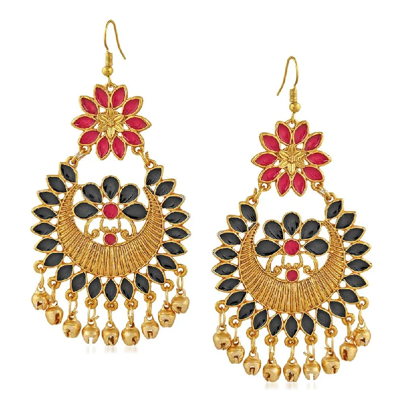 Geometric Dangle Earrings-Mahi Red and Black Meenakari Work Floral Dangler Earrings with Ghungroo for Women(VECJ100217Red)