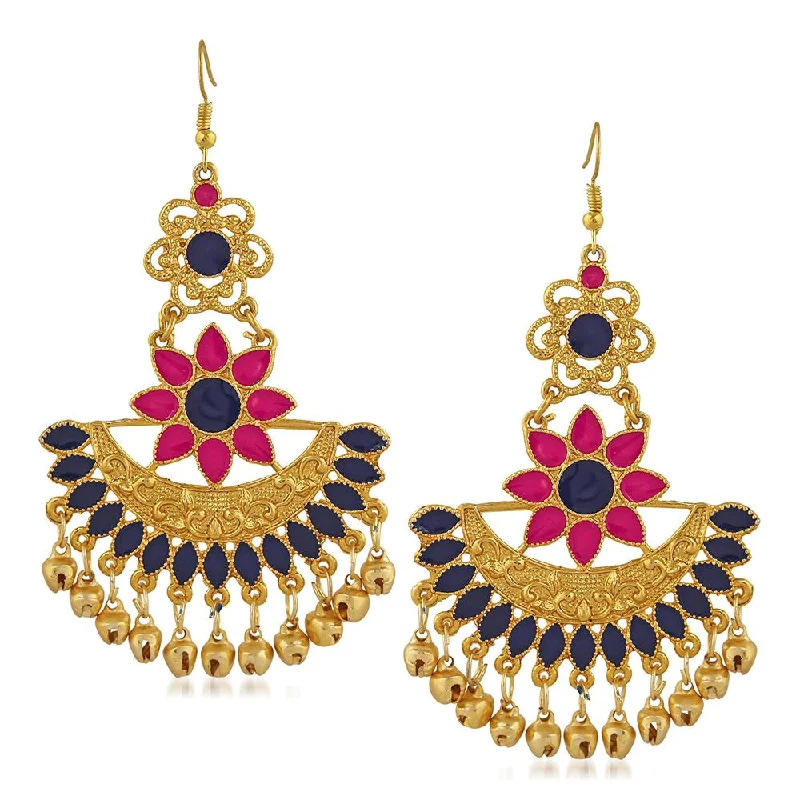 Semi Precious Stone Earrings-Mahi Pink and Blue Meenakari Work Traditional Floral Dangler Earring with Ghuungroo for Women (VECJ100230Pin)