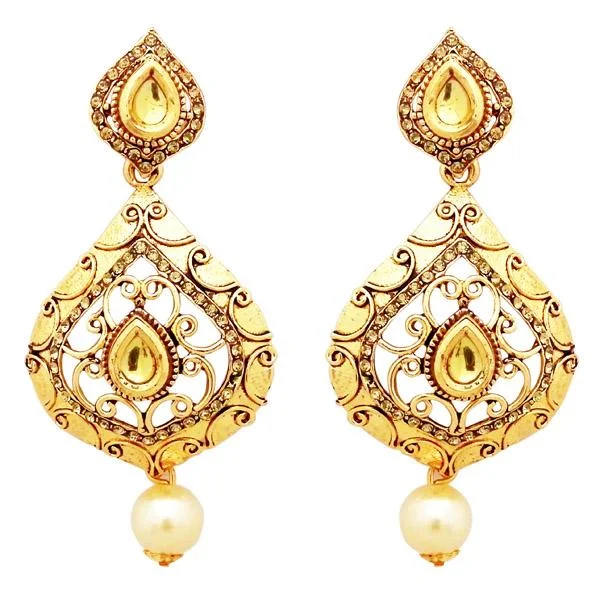 Artistic Drop Earrings-Jheel Stone Gold Plated Pearl Drop Dangler Earrings - 2900230A