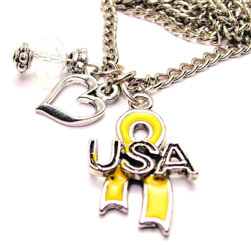 Large Pendant Necklace-Yellow USA Awareness Ribbon Necklace with Small Heart