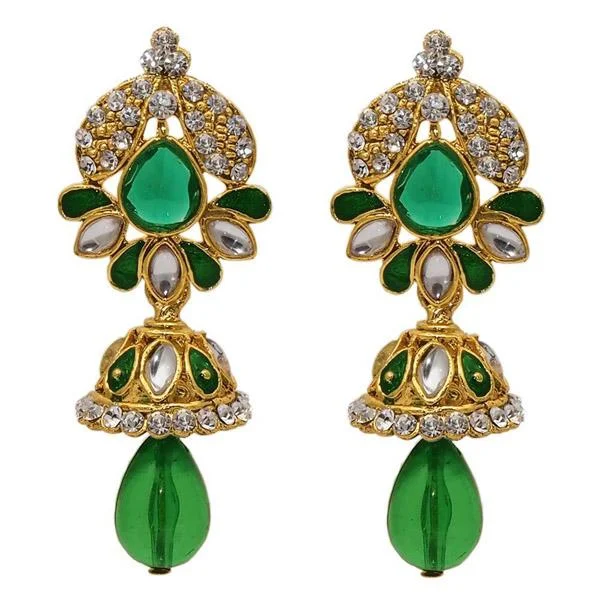 Layered Gold Earrings-The99jewel Green Kundan Austrian Stone Dangler Earrings - 1304810