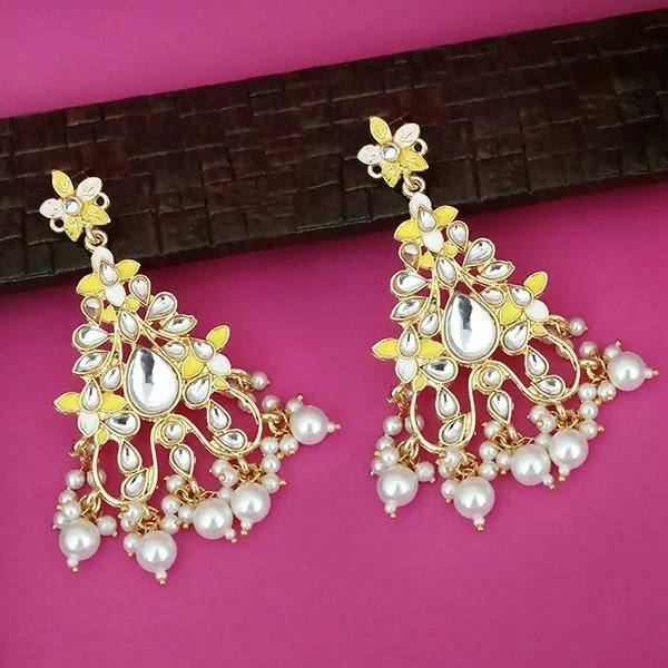 Layered Gold Earrings-Kriaa Yellow Meenakari Kundan Gold Plated Dangler Earrings - 1316329L