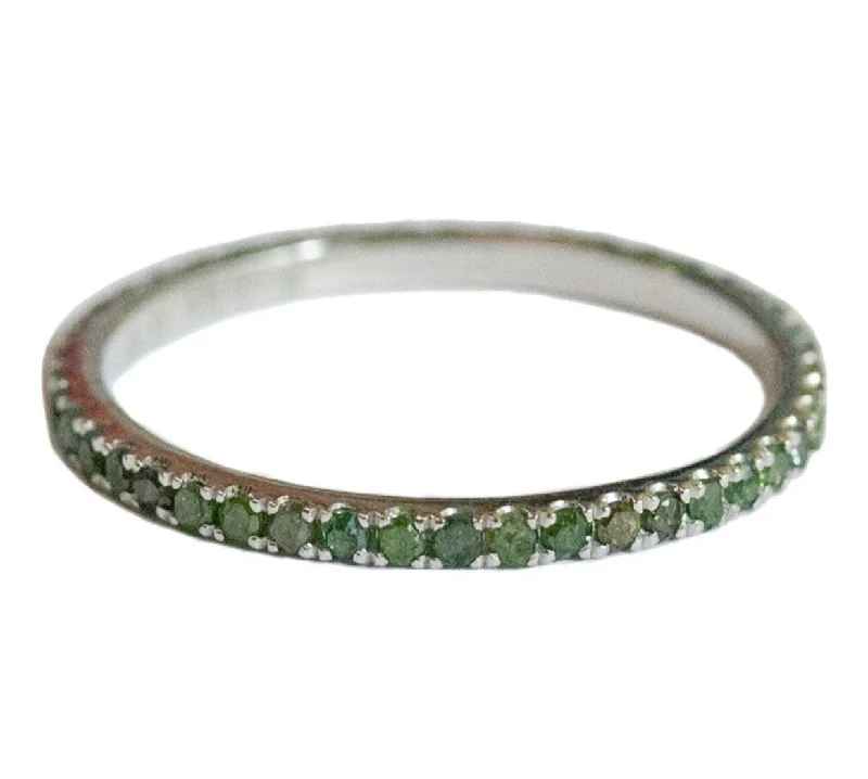 Simple Silver Ring for Women-Josephine Band White Gold Green Diamonds 1mm