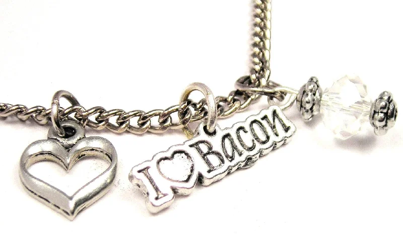 Silver Drop Necklace-I Love Bacon Necklace with Small Heart