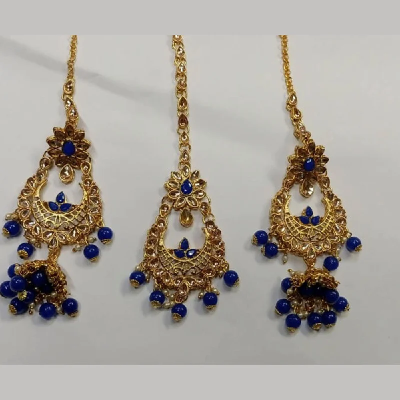 Sterling Silver Stud Earrings-Kumavat Jewels Kundan Stone & Beads Dangler Earrings With Maang Tikka