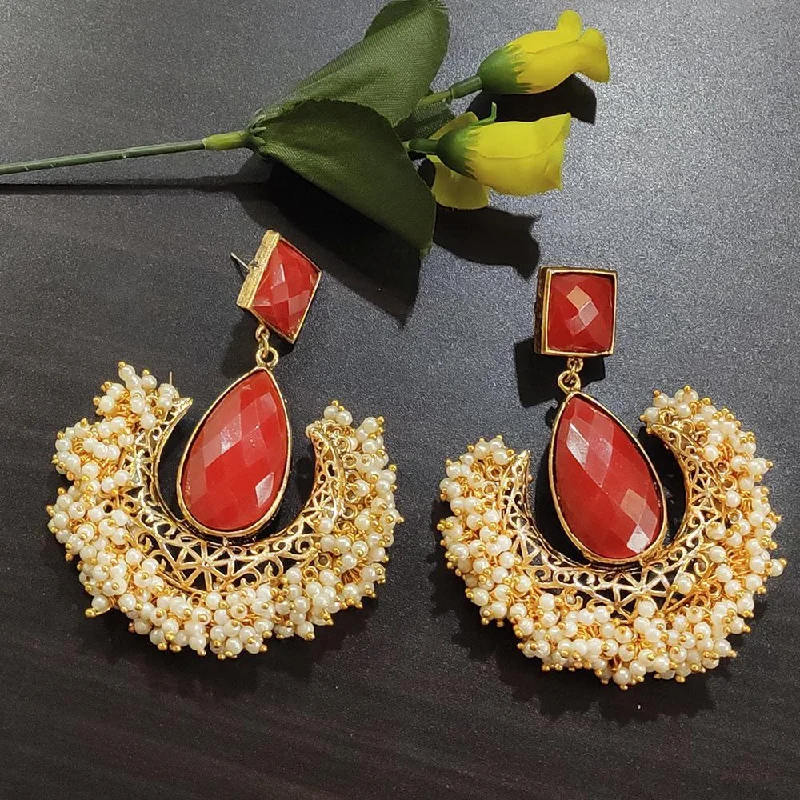 Multi-Layer Earrings-Kriaa Gold Plated Red Stone and Pearl Dangler Earrings - 1316374A