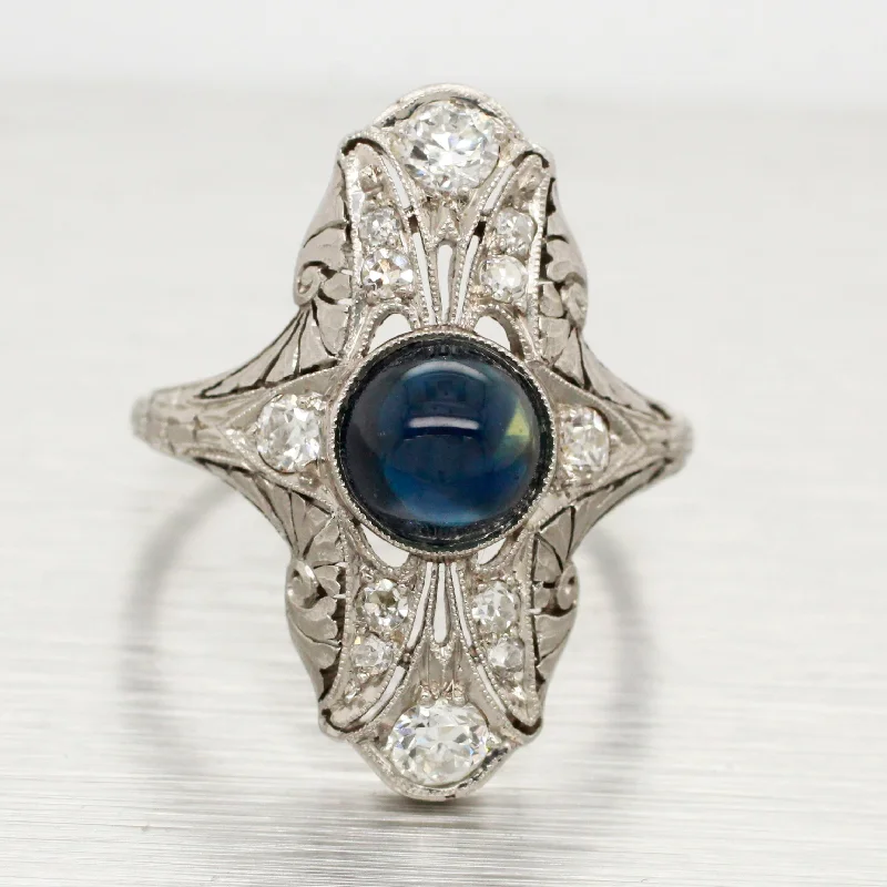 Wedding Band with Emeralds-Antique Art Deco Cabochon Sapphire Cocktail Ring - 18k White Gold & Diamonds