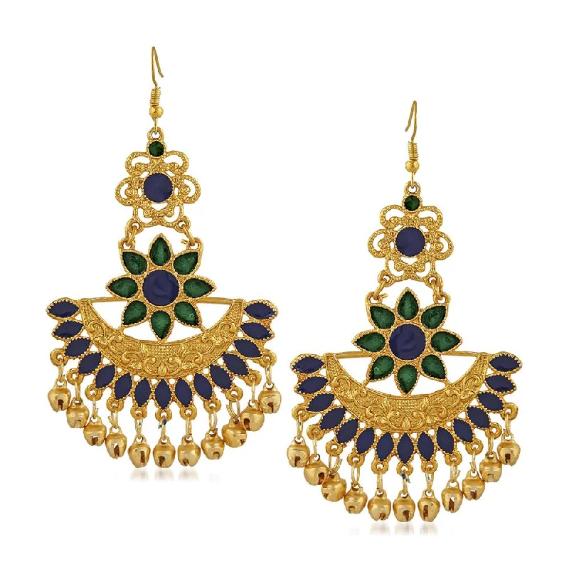 Abstract Earrings-Mahi Green and Blue Meenakari Work Traditional Floral Dangler Earring with Ghuungroo for Women (VECJ100230Gre)