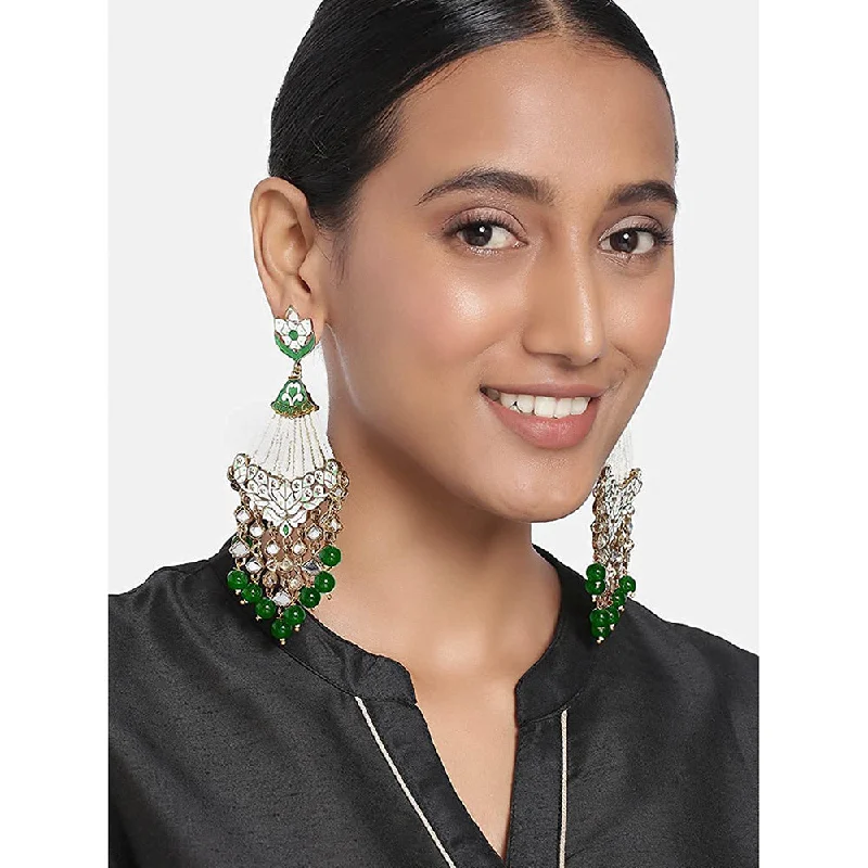 Gold Chain Earrings-Etnico 18K Gold Plated Traditional Handcrafted Meena Work Earring Glided With Kundan & Pearls (E2792) (Green)