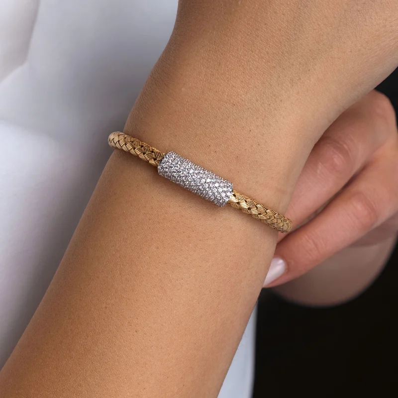 Handcrafted Leather Cuff Bracelet-Silver 925 Rhodium and Gold Plated Clear CZ Bar Braided Italian Bracelet - ITB00090GP