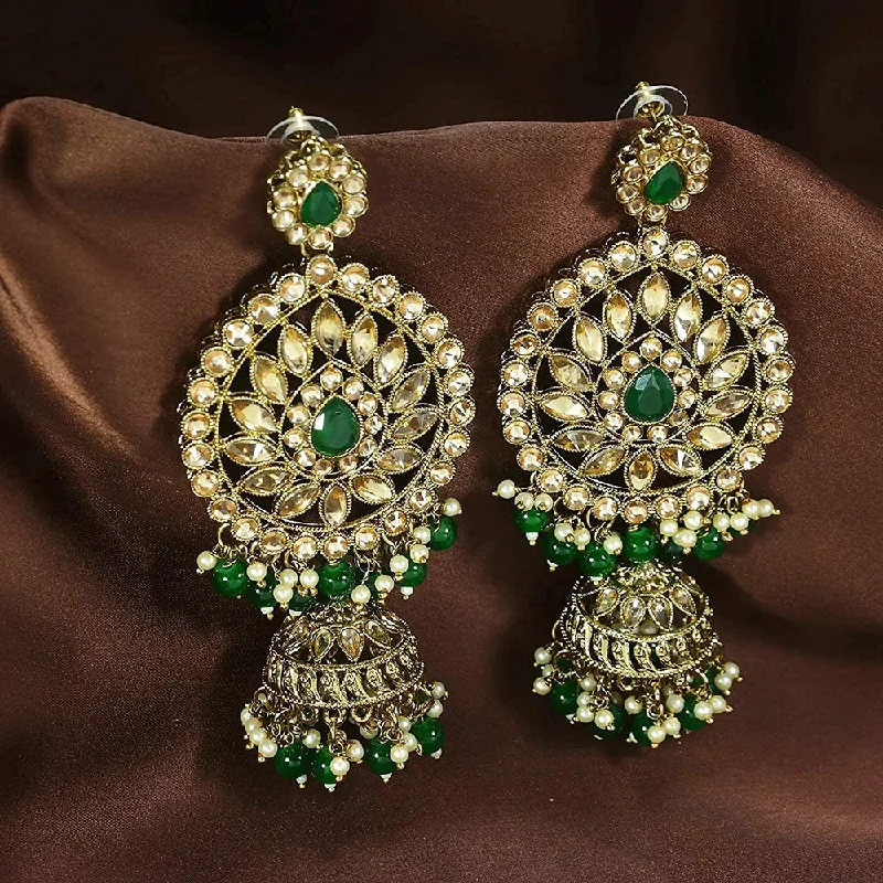 Funky Earrings-EtnicoWomen's Traditional Gold Plated with Stunning Antique Finish Kundan and Pearl Jhumka Earrings; Green (E2863G)