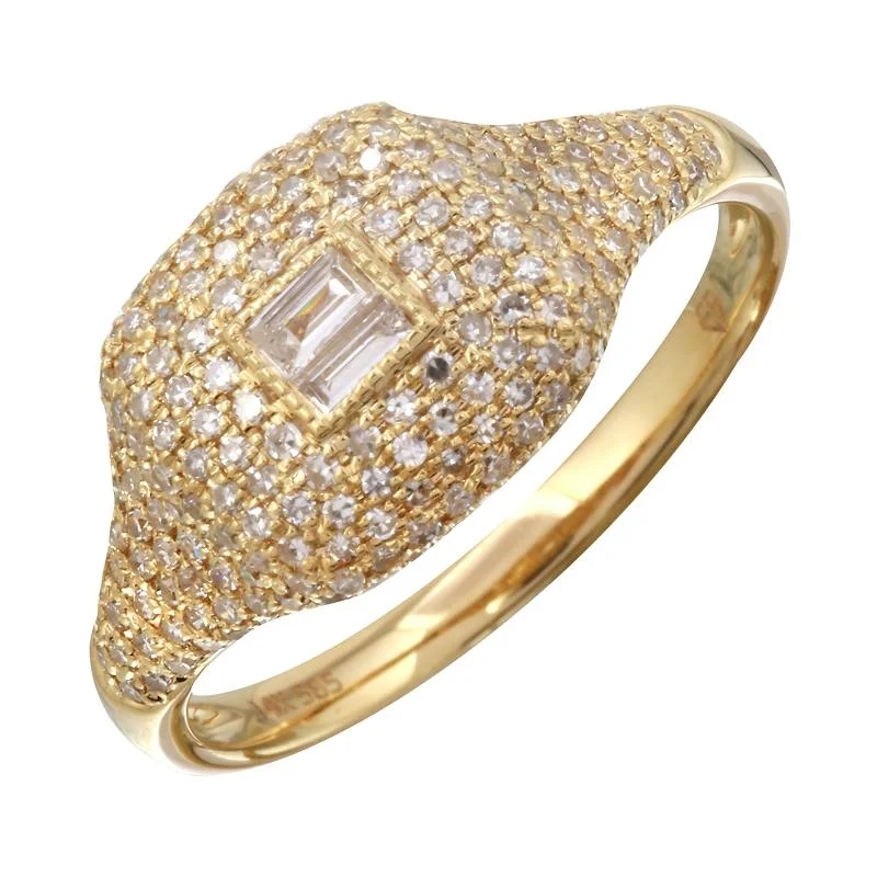 Diamond Ring for Women-Baguette Center Pave Signet Ring