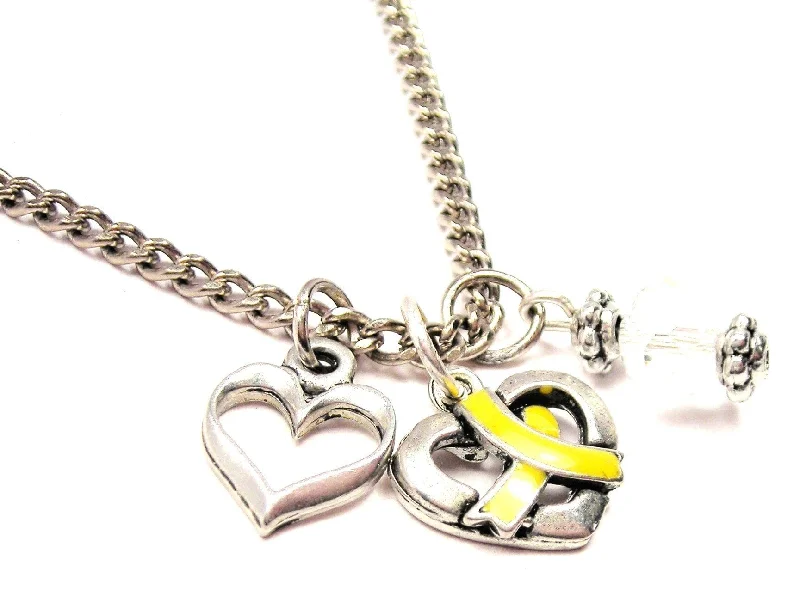 Bold Crystal Necklace-Hand Painted Heart With Awareness Wrapped Around It Yellow Necklace with Small Heart