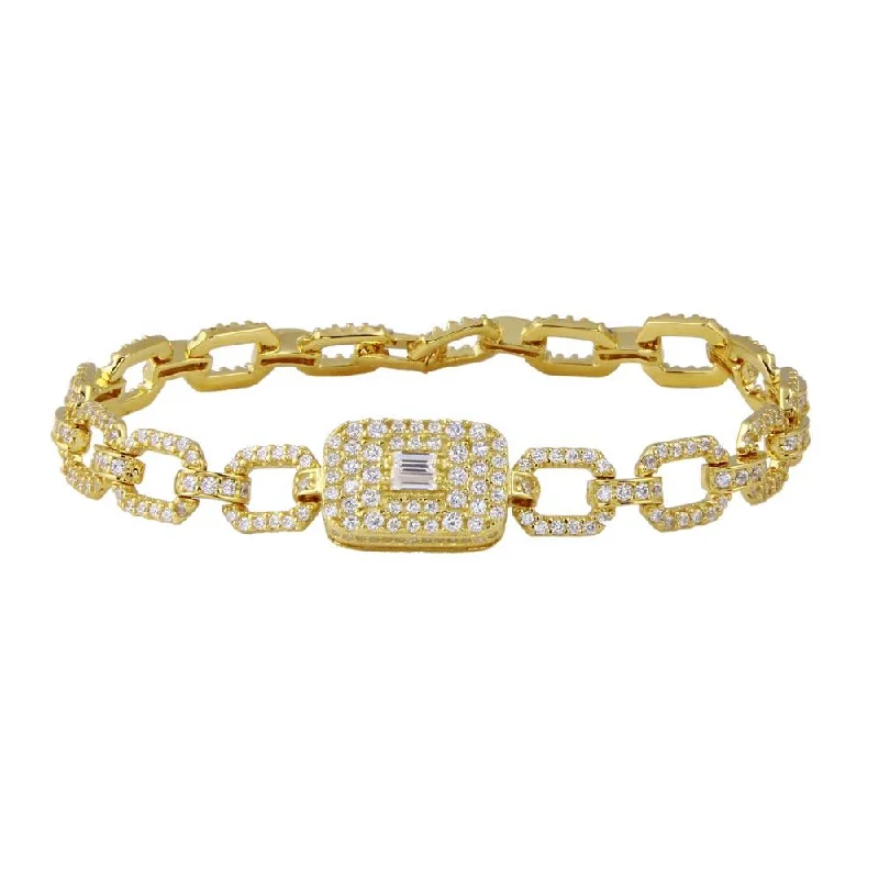 Modern Silver Bracelet-Gold Plated 925 Sterling Silver Square Link CZ and Baguette Bracelet - GMB00103GP