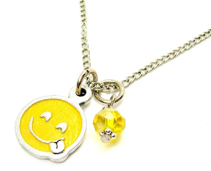 Birthstone Pendant Necklace-Hand Painted Tongue Sticking Out Emoji Necklace