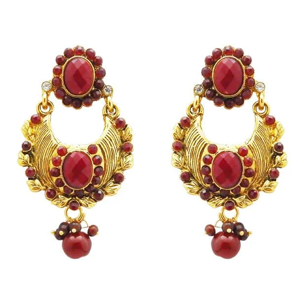 Retro Dangle Earrings-Kriaa Maroon Austrian Stone Gold Plated Dangler Earrings - 1304951B