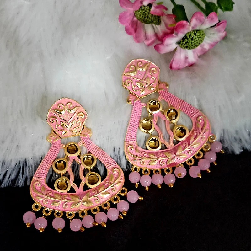 Large Dangle Earrings-Woma Matte Light Pink Meenakari Dangler Beads Drop Earrings